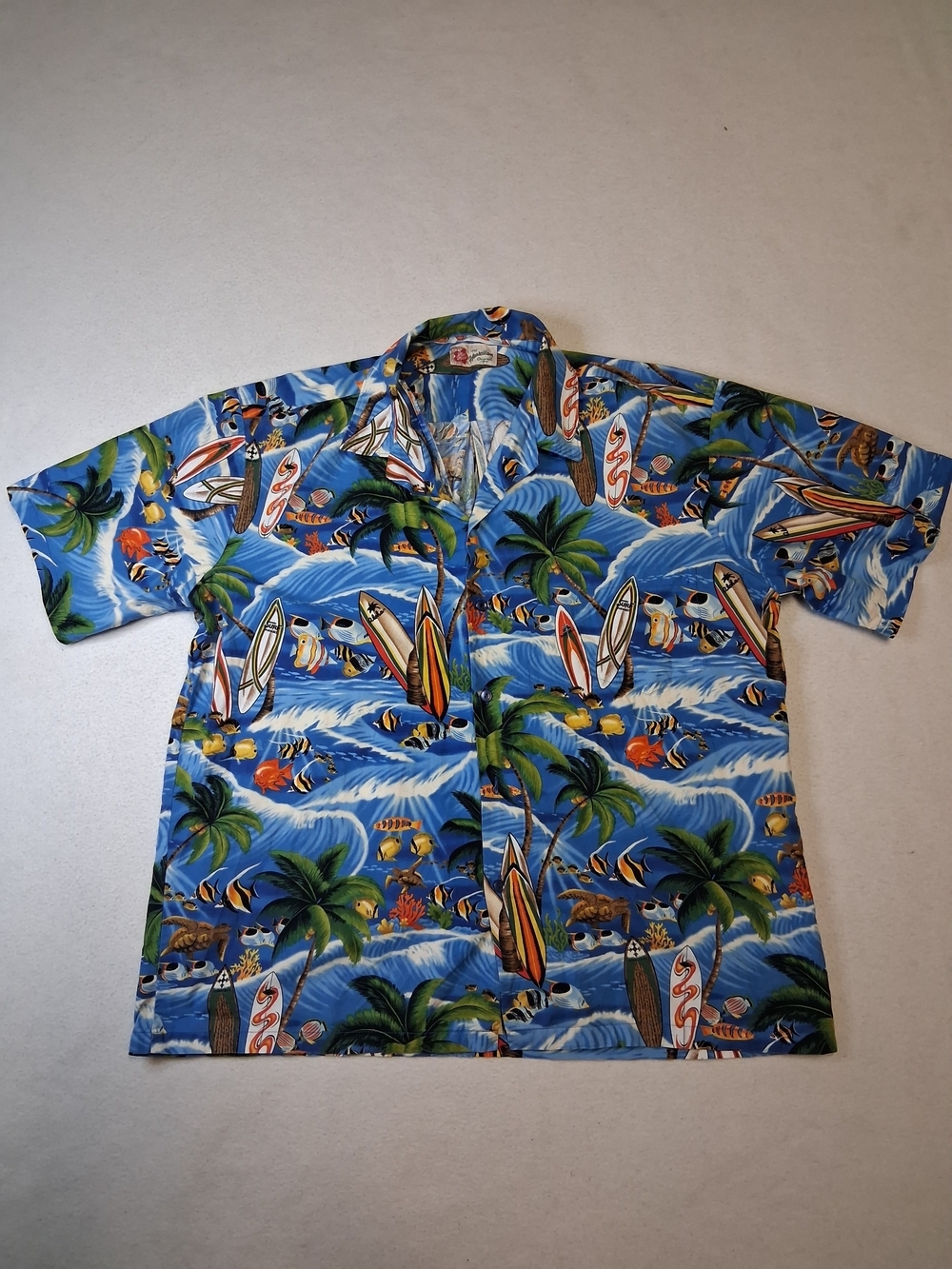 Tropical Surf Print Short Sleeve Button-Down Shirt - Blue